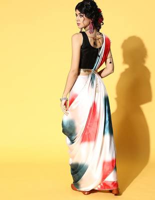 white tie and dye satin saree with embellished border 4