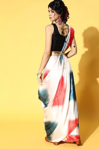 white tie and dye satin saree with embellished border