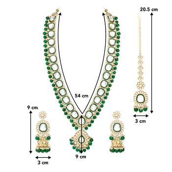green kundan studded long necklace earrings and maangtikka set ethnic jewellery for women 3