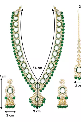 green kundan studded long necklace earrings and maangtikka set ethnic jewellery for women