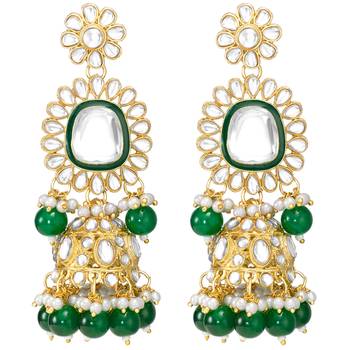 green kundan studded long necklace earrings and maangtikka set ethnic jewellery for women 4