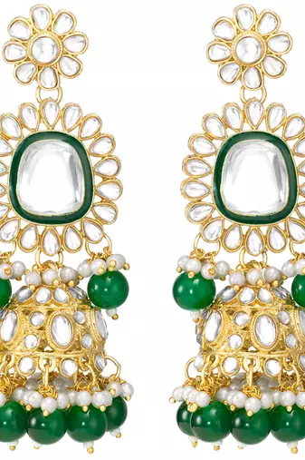 green kundan studded long necklace earrings and maangtikka set ethnic jewellery for women