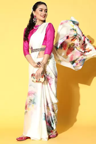 cream tie and dye satin saree