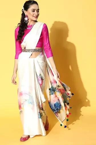 cream tie and dye satin saree