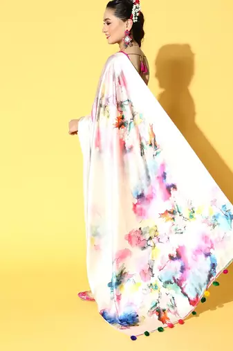 cream tie and dye satin saree