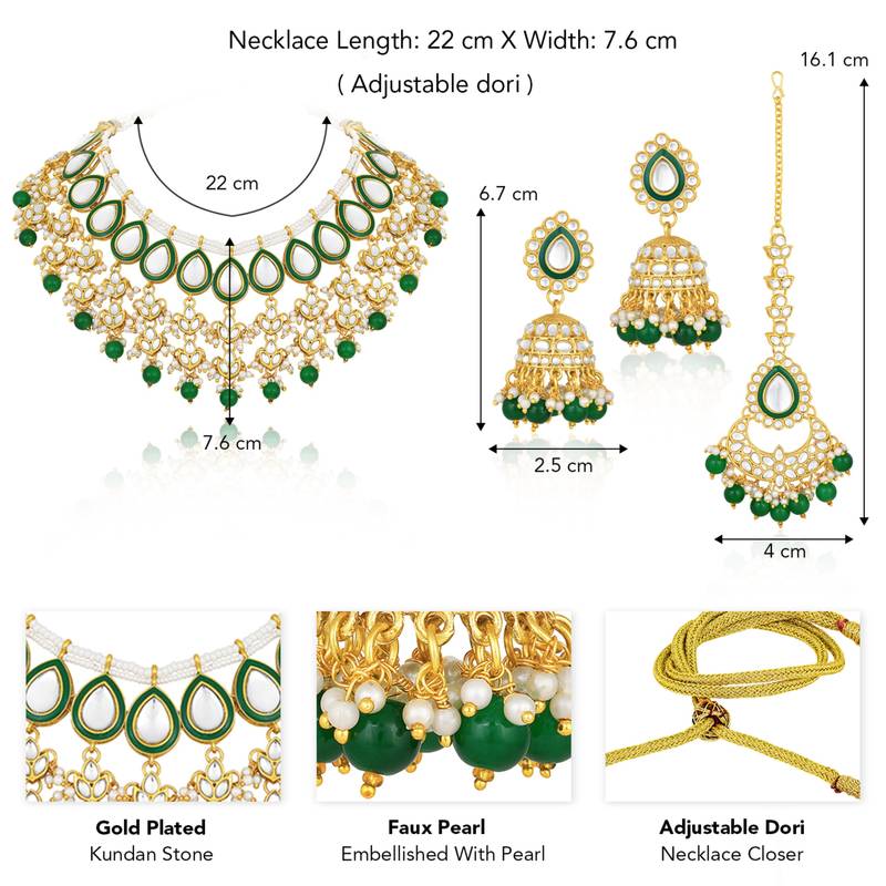 gold-plated kundan studded choker jewellery set with maang tikka