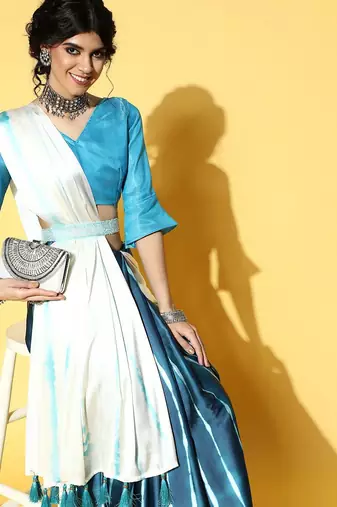 cream tie and dye satin saree