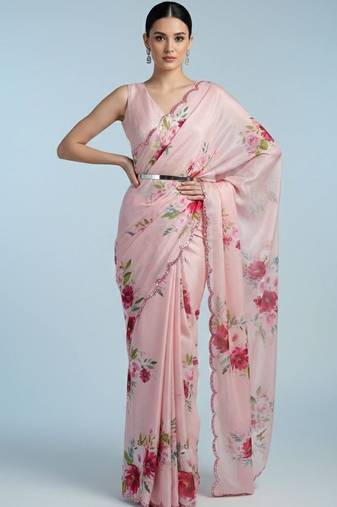 pink floral sequinned satin designer saree