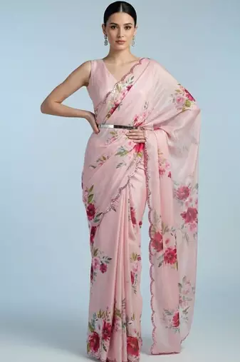 pink floral sequinned satin designer saree