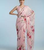 pink floral sequinned satin designer saree