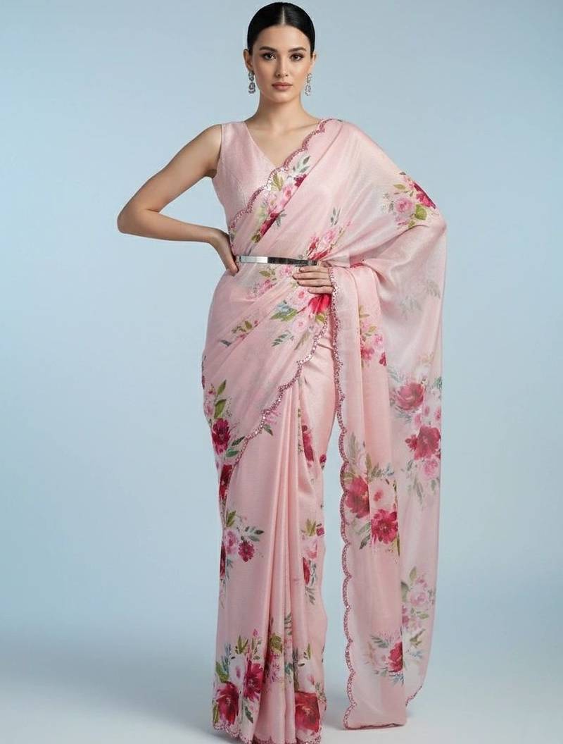 pink floral sequinned satin designer saree