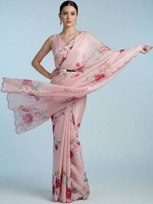 pink floral sequinned satin designer saree 2