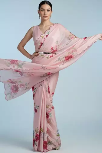 pink floral sequinned satin designer saree