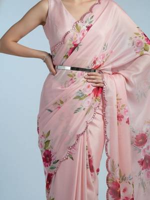 pink floral sequinned satin designer saree 3