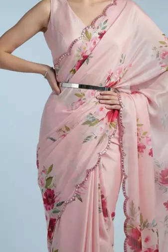 pink floral sequinned satin designer saree