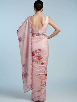 pink floral sequinned satin designer saree 4