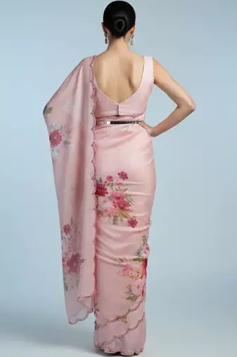 pink floral sequinned satin designer saree