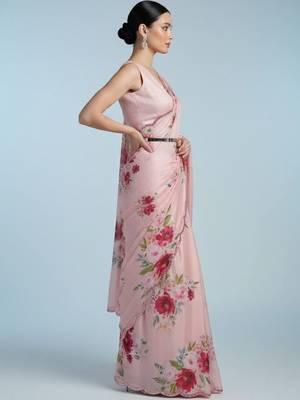 pink floral sequinned satin designer saree 5