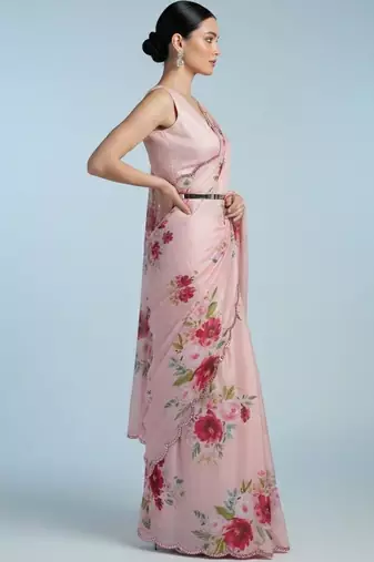 pink floral sequinned satin designer saree