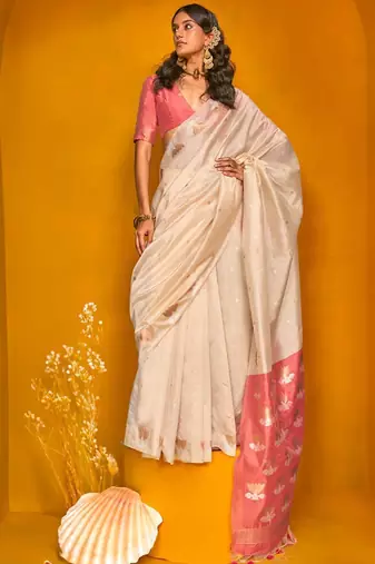 cream woven design zari silk blend jamdani saree