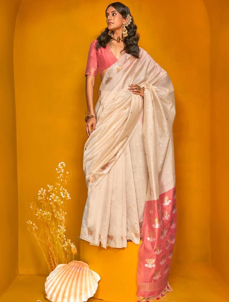 cream woven design zari silk blend jamdani saree