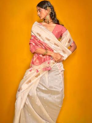 cream woven design zari silk blend jamdani saree 2