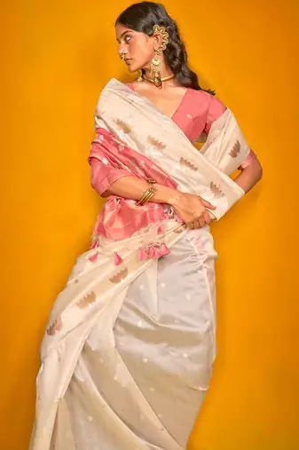 cream woven design zari silk blend jamdani saree