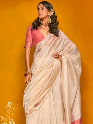 cream woven design zari silk blend jamdani saree 3