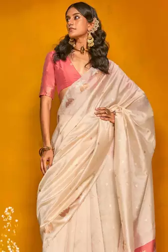 cream woven design zari silk blend jamdani saree