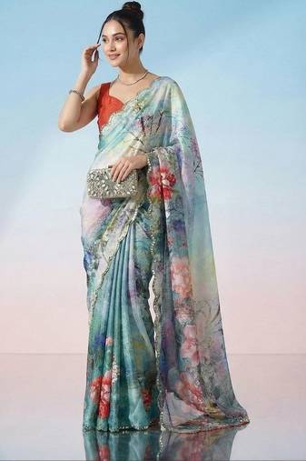 multicolor floral sequinned satin saree