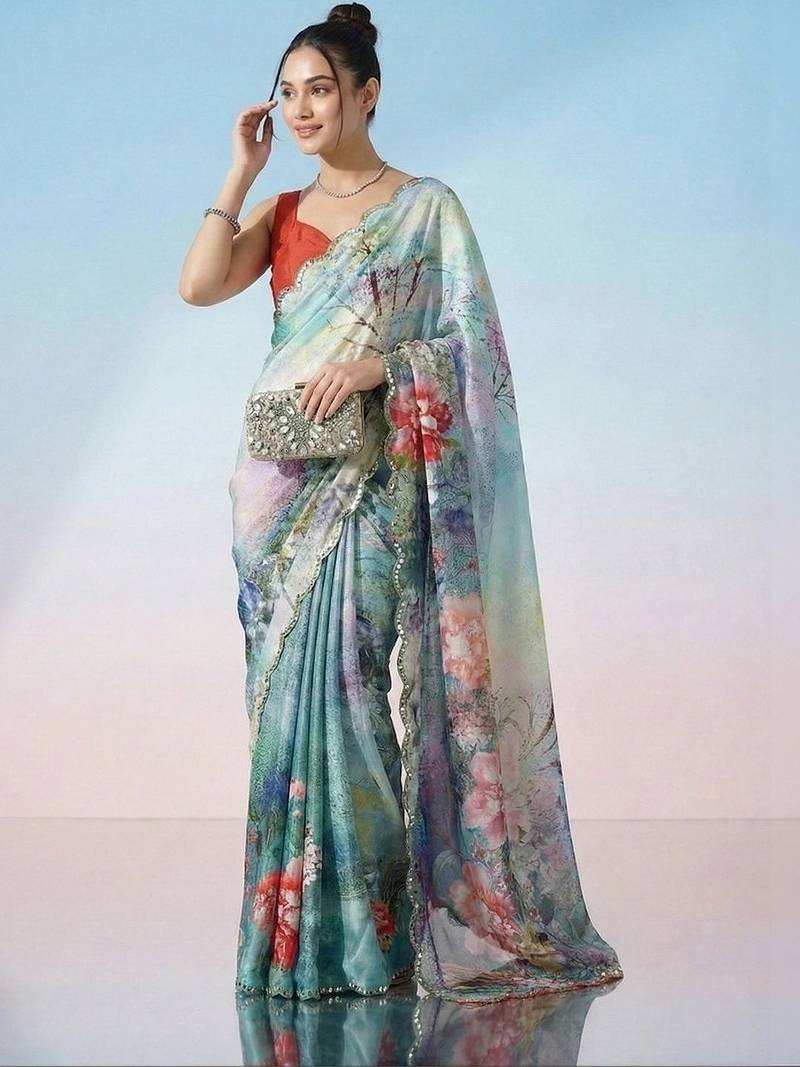 multicolor floral sequinned satin saree