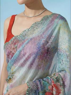 multicolor floral sequinned satin saree 2