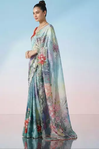 multicolor floral sequinned satin saree