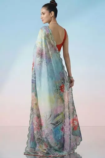 multicolor floral sequinned satin saree