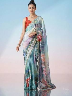 multicolor floral sequinned satin saree 5
