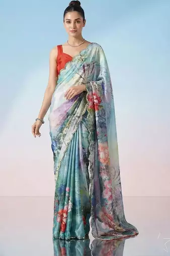 multicolor floral sequinned satin saree