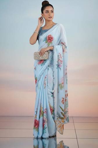 blue floral sequinned satin saree