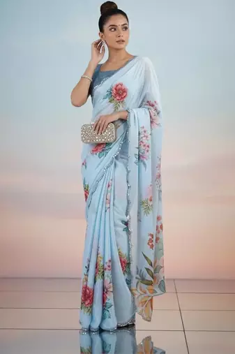 blue floral sequinned satin saree