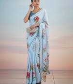 blue floral sequinned satin saree