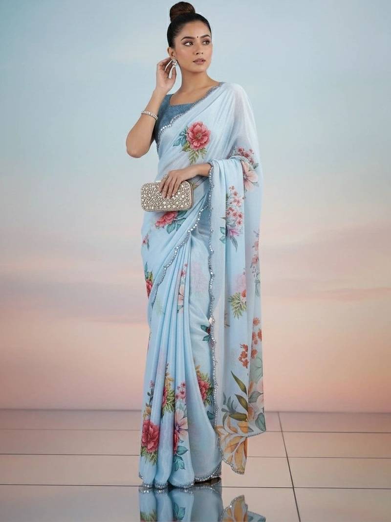 blue floral sequinned satin saree