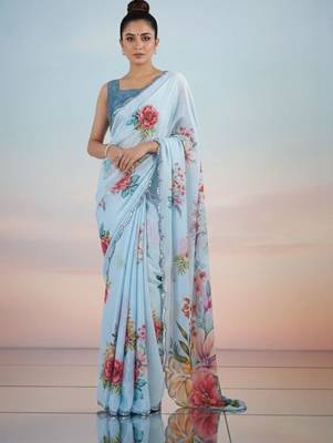 blue floral sequinned satin saree 2