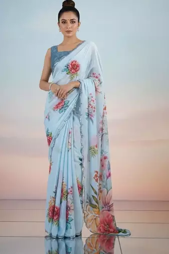 blue floral sequinned satin saree