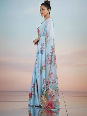 blue floral sequinned satin saree 3