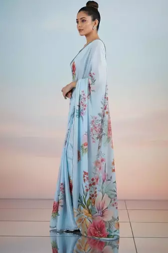 blue floral sequinned satin saree