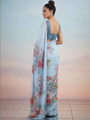 blue floral sequinned satin saree 4