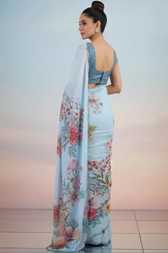 blue floral sequinned satin saree