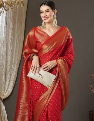 red ethnic motif zari woven kanjeevaram saree 1
