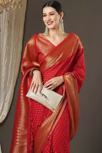 red ethnic motif zari woven kanjeevaram saree