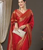 red ethnic motif zari woven kanjeevaram saree