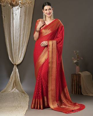 red ethnic motif zari woven kanjeevaram saree 2